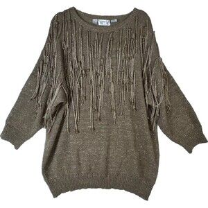 Vtg Sweater Plus Size 3X Brown Gold Cable-Knit Fringe Sparkle Disco Boho 80’s